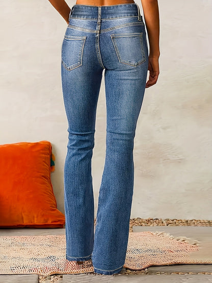 High waisted bootcut denim jeans featuring a double-button waistband and a sculpting stretch fit, designed in classic denim blue for a flattering silhouette. 1