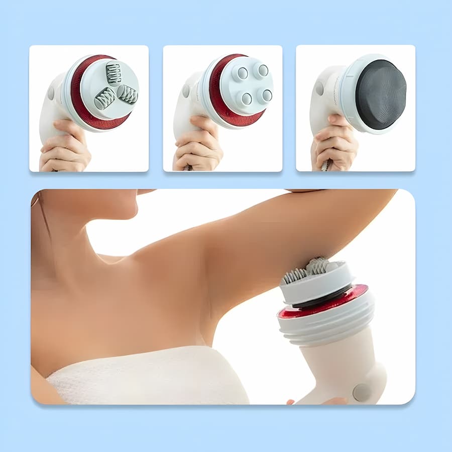Home cellulite reduction device featuring infrared heat and vibrating massage technology for non-invasive skin smoothing and toning. 4