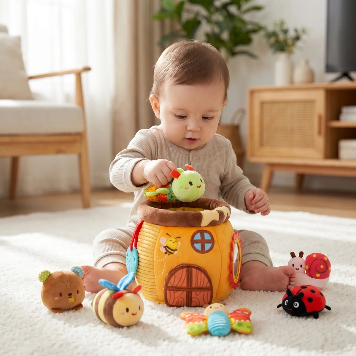 Honey Pot Plush Activity Set featuring interactive sensory elements, designed for toddlers to enhance fine motor skills with soft, cuddly textures and engaging features. 0
