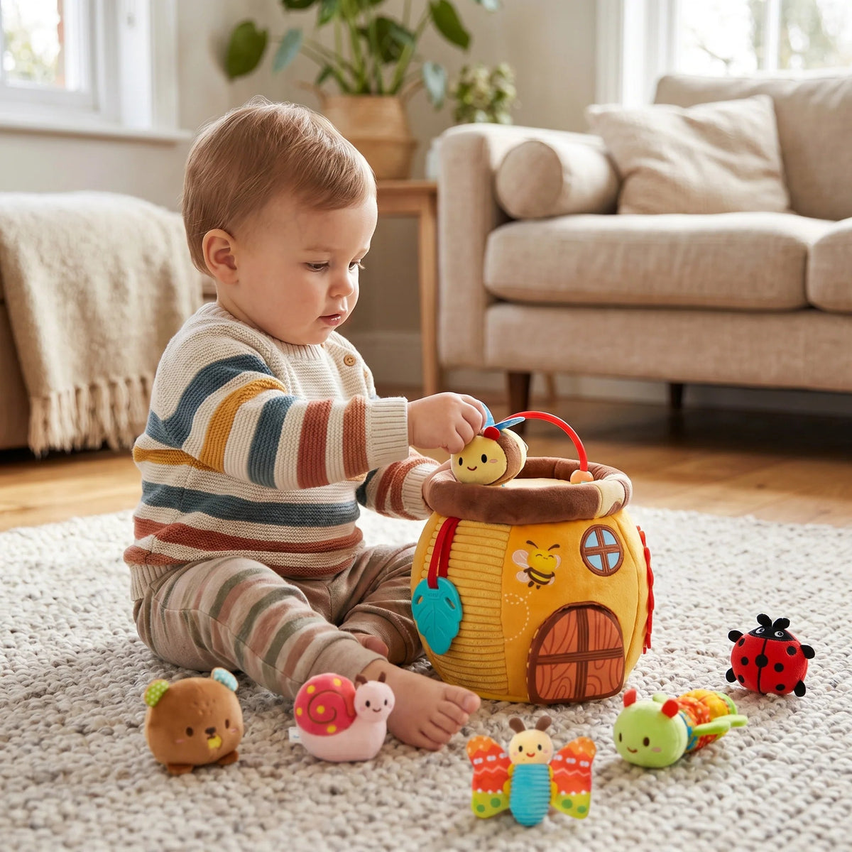Honey Pot Plush Activity Set featuring interactive sensory elements, designed for toddlers to enhance fine motor skills with soft, cuddly textures and engaging features. 5