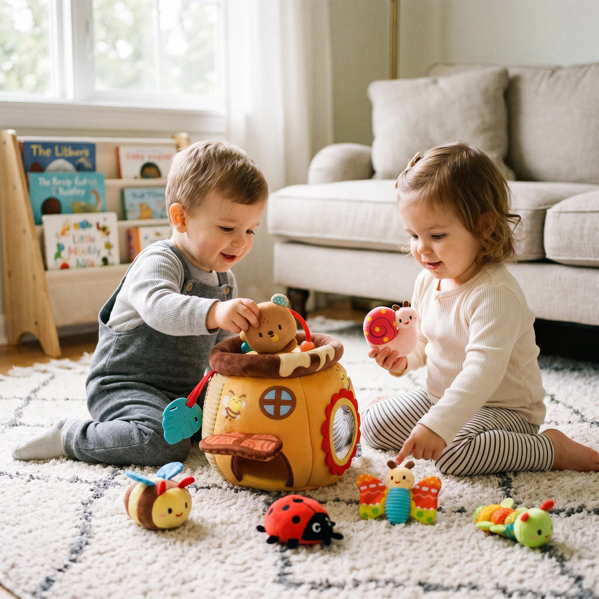 Honey Pot Plush Activity Set featuring interactive sensory elements, designed for toddlers to enhance fine motor skills with soft, cuddly textures and engaging features. 3