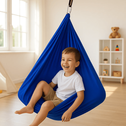 Indoor sensory swing designed for autism, made of soft cotton fabric, providing a calming effect with adjustable size options for personalized comfort. 9