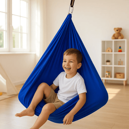 Indoor sensory swing designed for autism, made of soft cotton fabric, providing a calming effect with adjustable size options for personalized comfort. 9