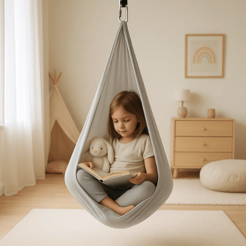 Indoor sensory swing designed for autism, made of soft cotton fabric, providing a calming effect with adjustable size options for personalized comfort. 1