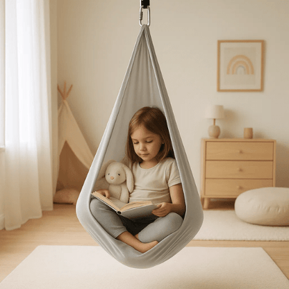 Indoor sensory swing designed for autism, made of soft cotton fabric, providing a calming effect with adjustable size options for personalized comfort. 1
