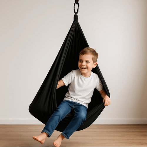 Indoor sensory swing designed for autism, made of soft cotton fabric, providing a calming effect with adjustable size options for personalized comfort. 11