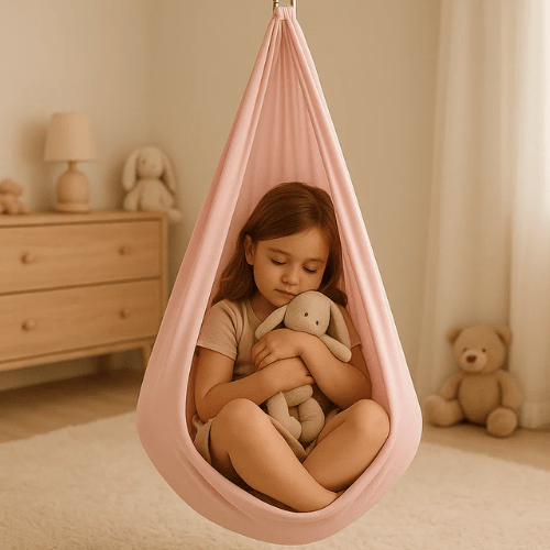 Indoor sensory swing designed for autism, made of soft cotton fabric, providing a calming effect with adjustable size options for personalized comfort. 0