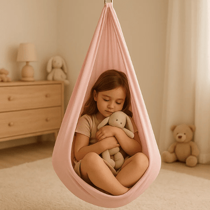 Indoor sensory swing designed for autism, made of soft cotton fabric, providing a calming effect with adjustable size options for personalized comfort. 0
