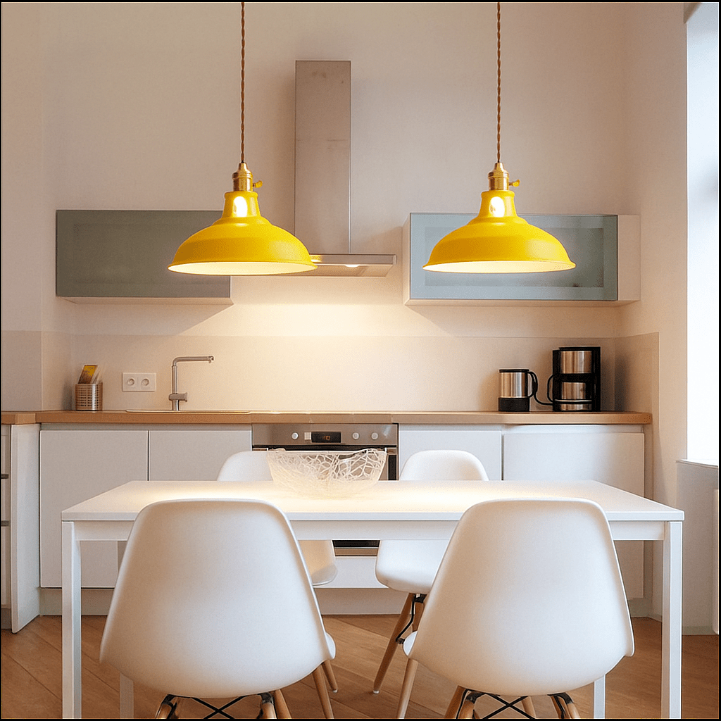 Industrial LED hanging lamp featuring a vibrant, colorful metal dome shade, perfect for adding a modern touch to any space while providing energy-efficient lighting. 8