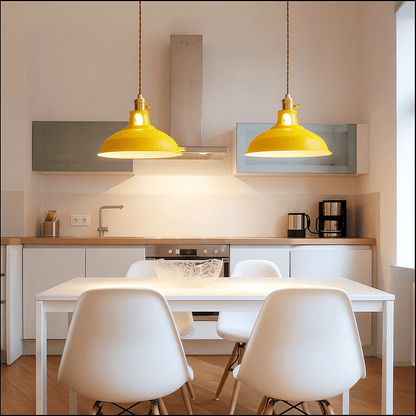 Industrial LED hanging lamp featuring a vibrant, colorful metal dome shade, perfect for adding a modern touch to any space while providing energy-efficient lighting. 8