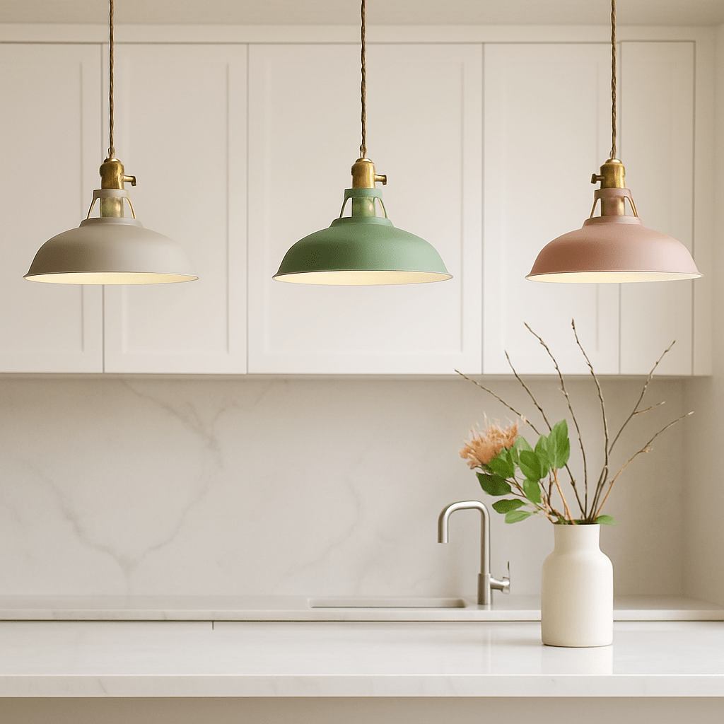 Industrial LED hanging lamp featuring a vibrant, colorful metal dome shade, perfect for adding a modern touch to any space while providing energy-efficient lighting. 5
