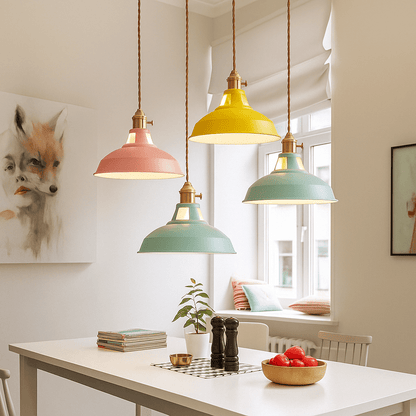 Industrial LED hanging lamp featuring a vibrant, colorful metal dome shade, perfect for adding a modern touch to any space while providing energy-efficient lighting. 3