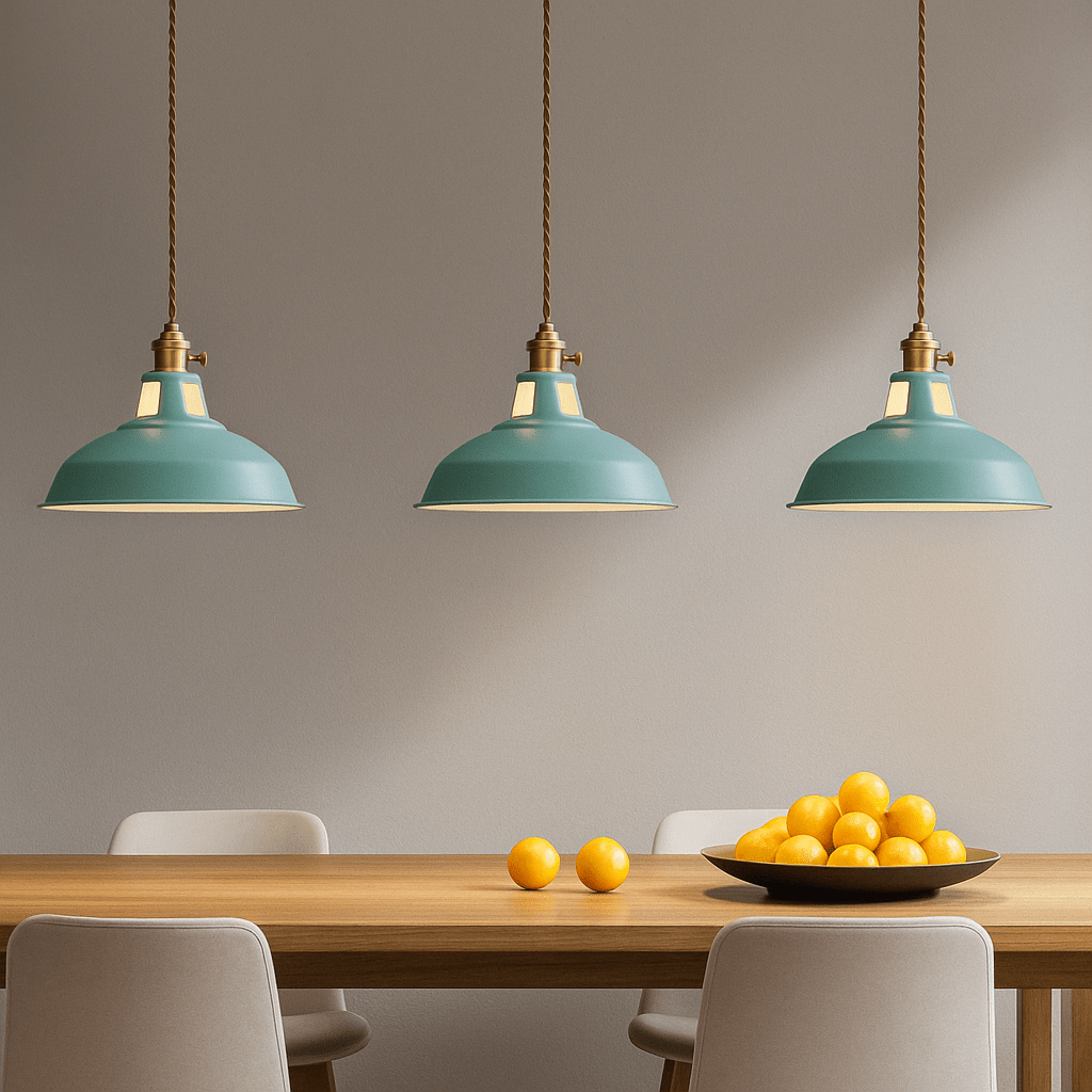 Industrial LED hanging lamp featuring a vibrant, colorful metal dome shade, perfect for adding a modern touch to any space while providing energy-efficient lighting. 4