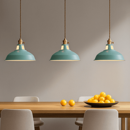 Industrial LED hanging lamp featuring a vibrant, colorful metal dome shade, perfect for adding a modern touch to any space while providing energy-efficient lighting. 4