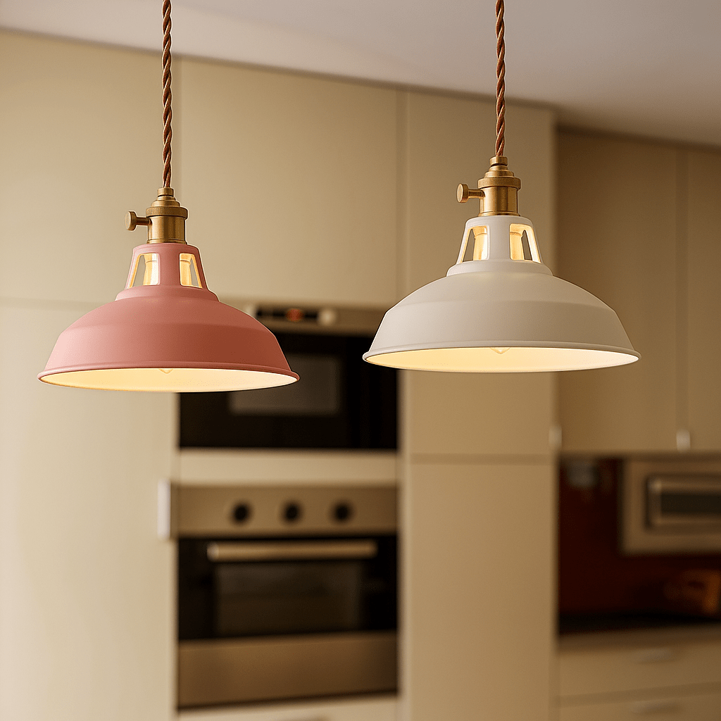 Industrial LED hanging lamp featuring a vibrant, colorful metal dome shade, perfect for adding a modern touch to any space while providing energy-efficient lighting. 1