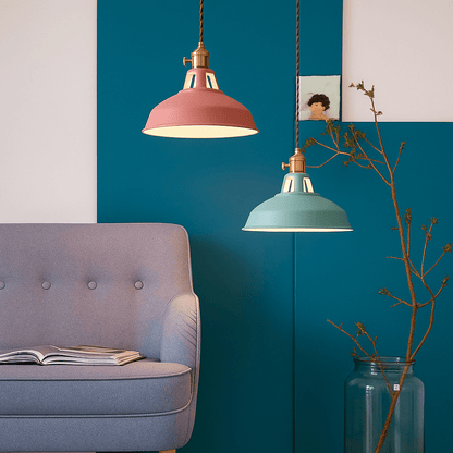 Industrial LED hanging lamp featuring a vibrant, colorful metal dome shade, perfect for adding a modern touch to any space while providing energy-efficient lighting. 7