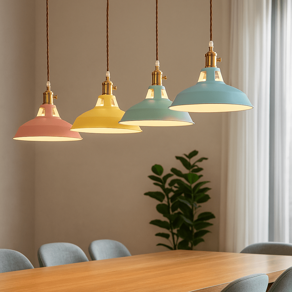 Industrial LED hanging lamp featuring a vibrant, colorful metal dome shade, perfect for adding a modern touch to any space while providing energy-efficient lighting. 2