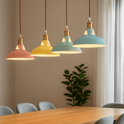 Industrial LED hanging lamp featuring a vibrant, colorful metal dome shade, perfect for adding a modern touch to any space while providing energy-efficient lighting. 2