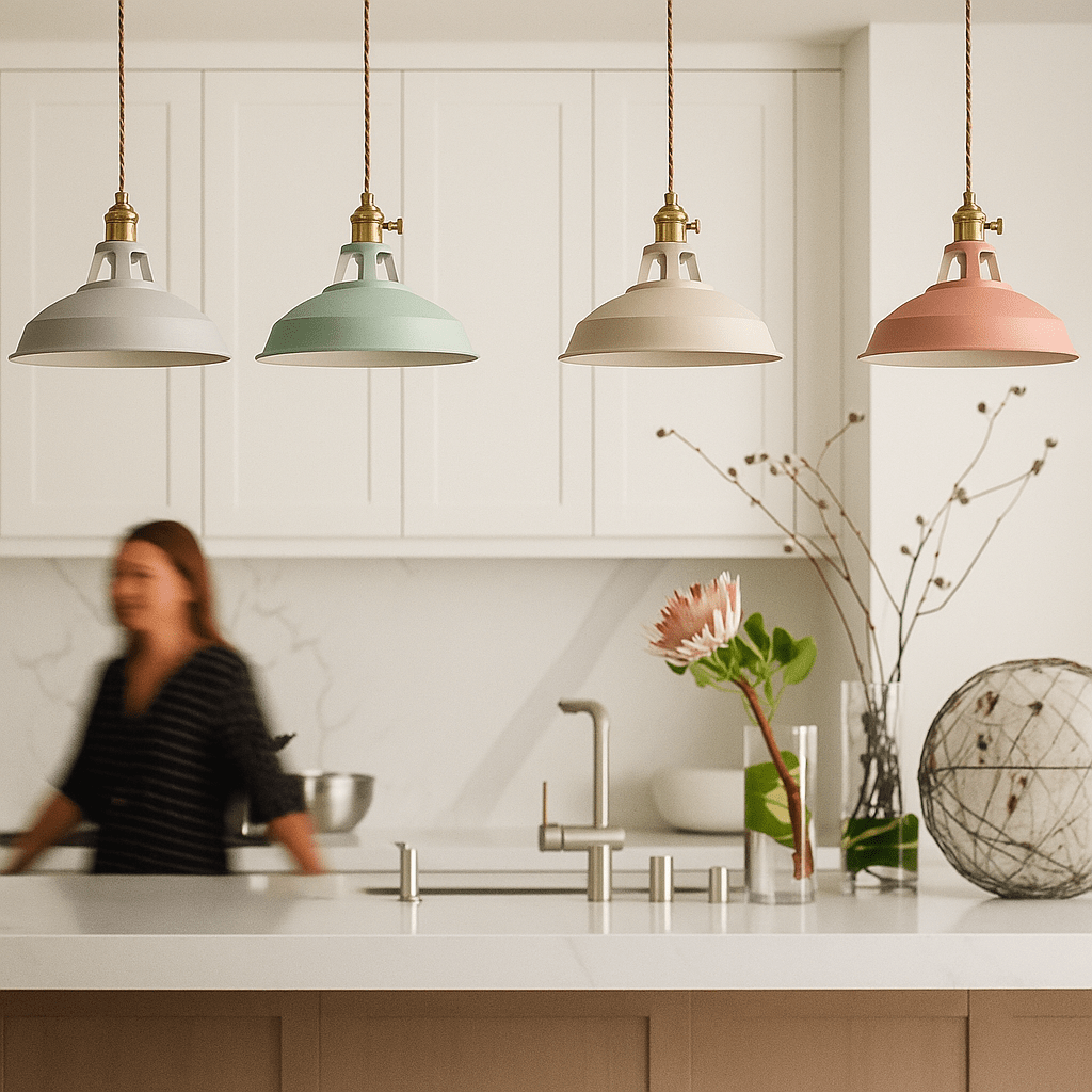 Industrial LED hanging lamp featuring a vibrant, colorful metal dome shade, perfect for adding a modern touch to any space while providing energy-efficient lighting. 6