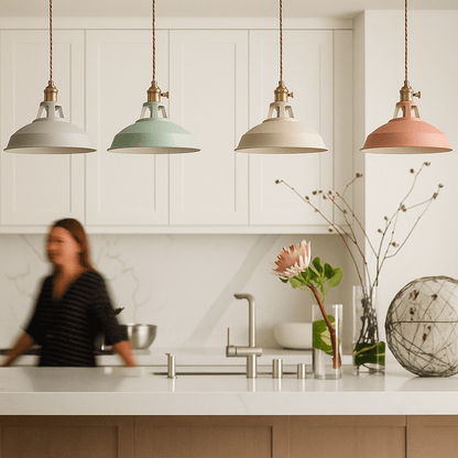 Industrial LED hanging lamp featuring a vibrant, colorful metal dome shade, perfect for adding a modern touch to any space while providing energy-efficient lighting. 6