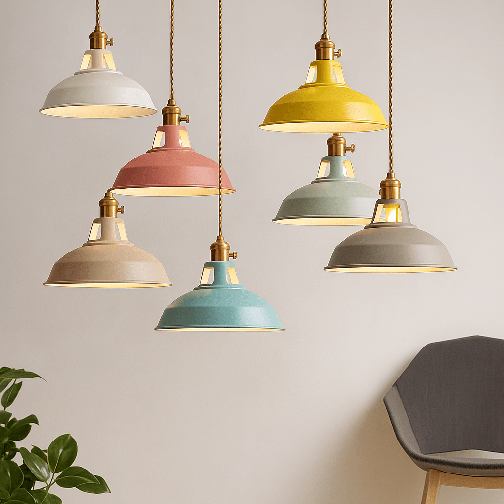 Industrial LED hanging lamp featuring a vibrant, colorful metal dome shade, perfect for adding a modern touch to any space while providing energy-efficient lighting. 0