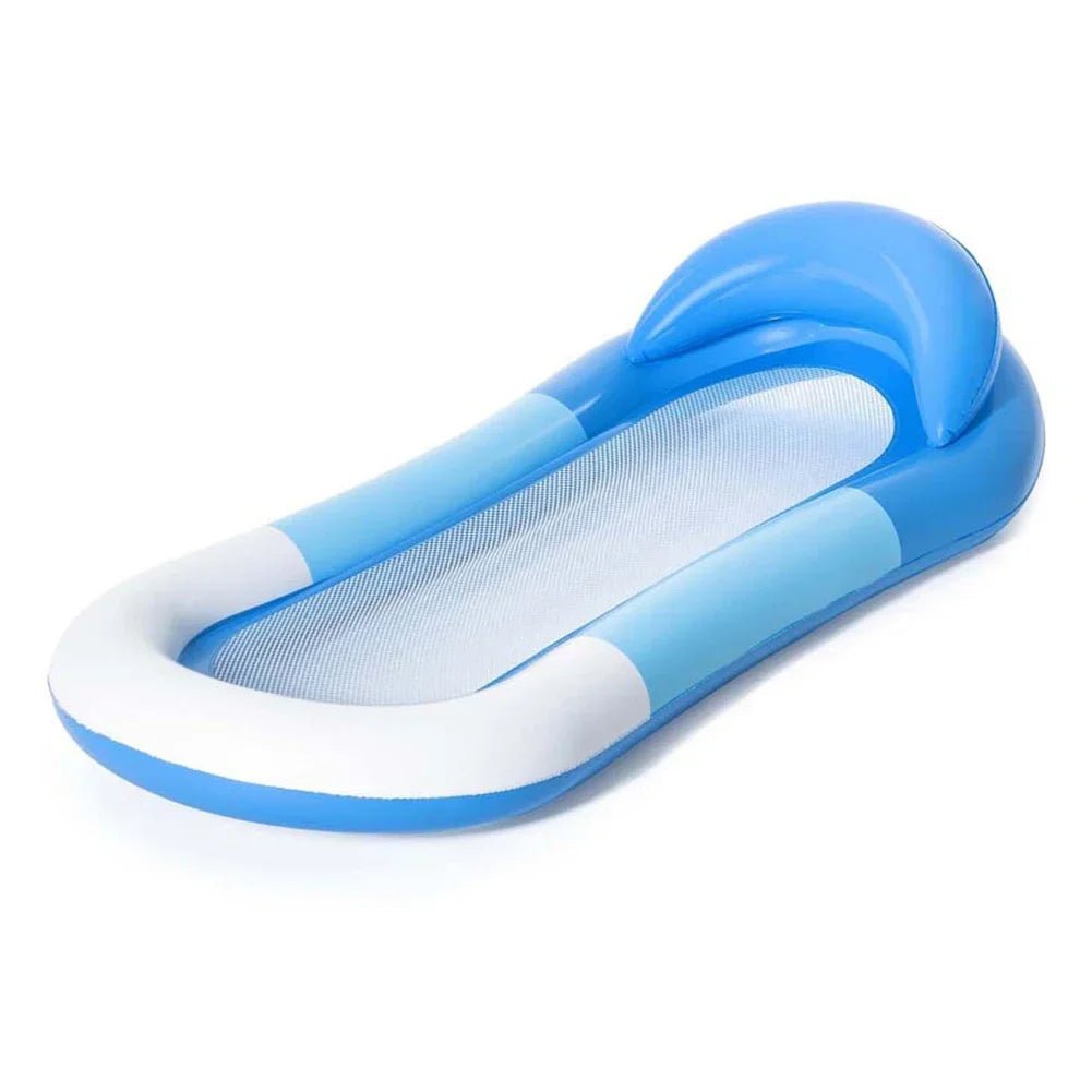 Inflatable pool float featuring a cooling mesh and an ergonomic pillow, designed for ultimate comfort and relaxation in the water, perfect for beach and pool use. 2