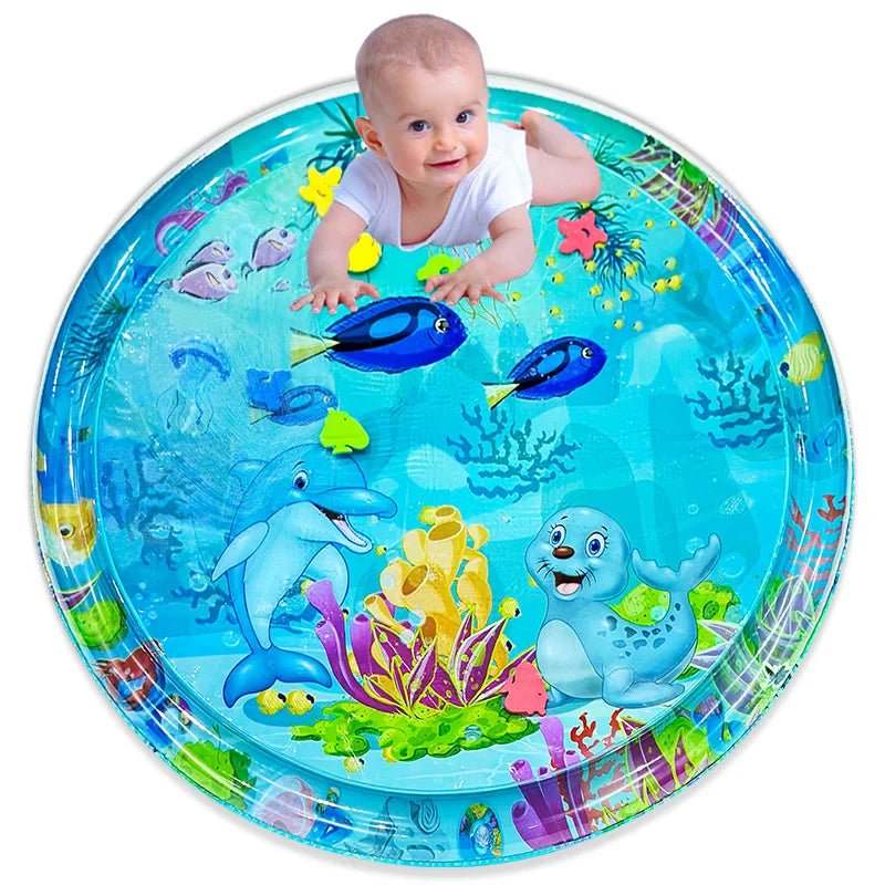 Inflatable Water Play Mat for Toddlers featuring a colorful dolphin and seal design, perfect for safe sensory play, measuring 100 cm in size. 0