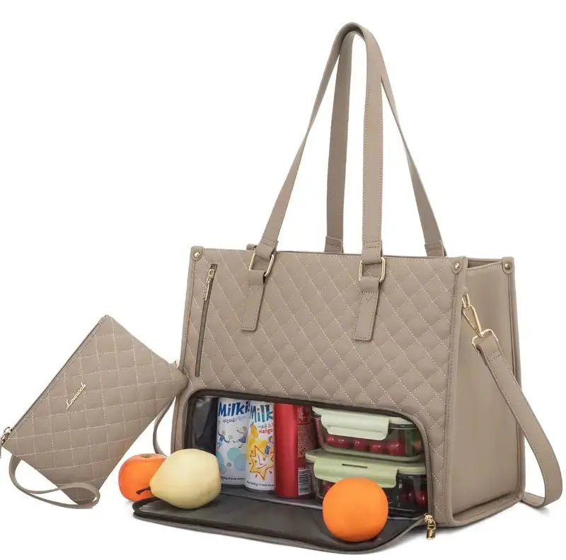Black and beige insulated laptop bag made from water-repellent material, featuring spacious compartments for organization and protection. 5