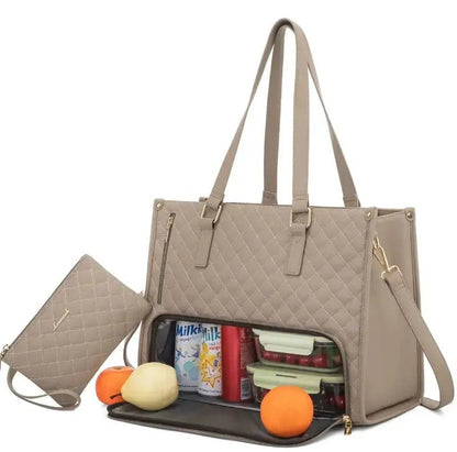 Black and beige insulated laptop bag made from water-repellent material, featuring spacious compartments for organization and protection. 5