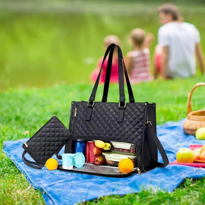 Black and beige insulated laptop bag made from water-repellent material, featuring spacious compartments for organization and protection. 7