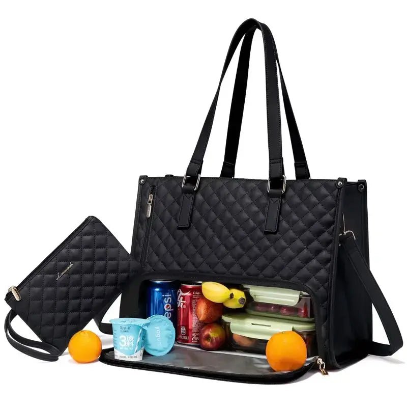 Black and beige insulated laptop bag made from water-repellent material, featuring spacious compartments for organization and protection. 6