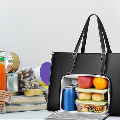 Insulated lunch bag with a laptop compartment, made of waterproof PU leather, featuring a stylish 2-in-1 design for women. 0