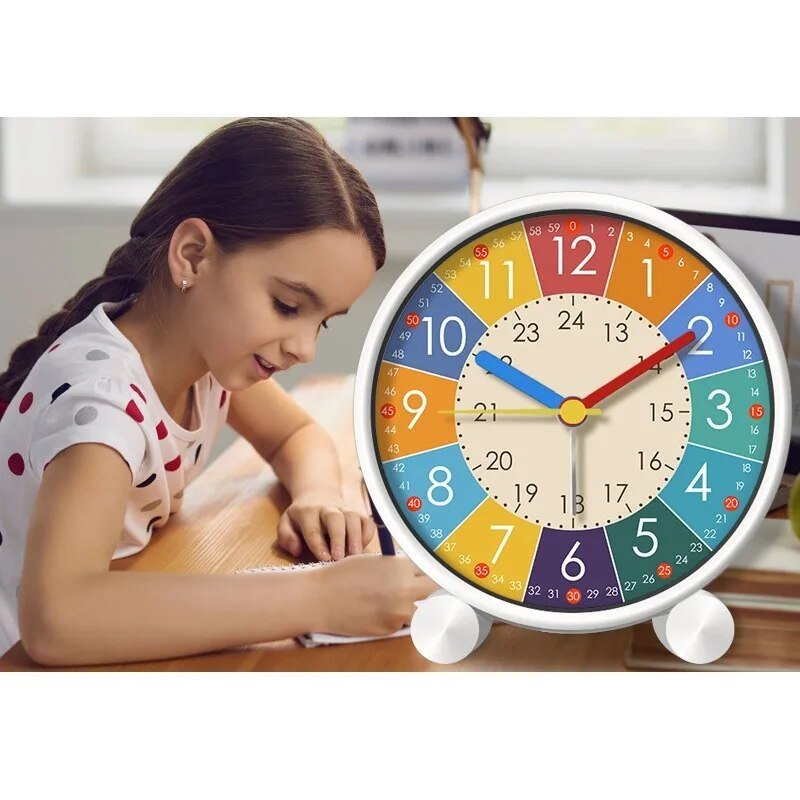 Interactive alarm clock for kids featuring a colorful PVC design and educational time-telling functions, promoting learning and engagement. 1
