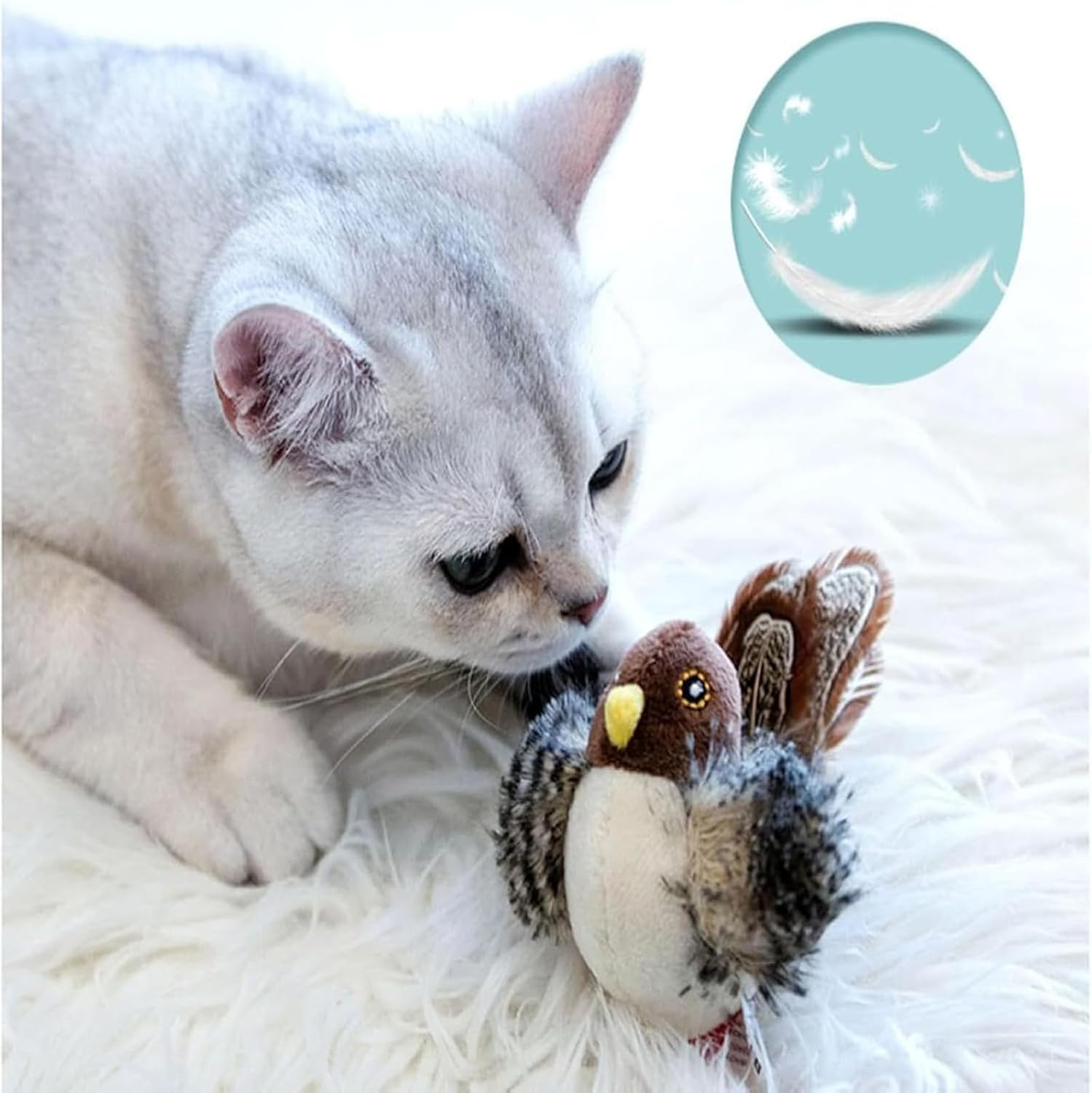 Interactive cat toy featuring lifelike bird sounds and movements, designed for indoor cats, with a rechargeable and durable build. 3
