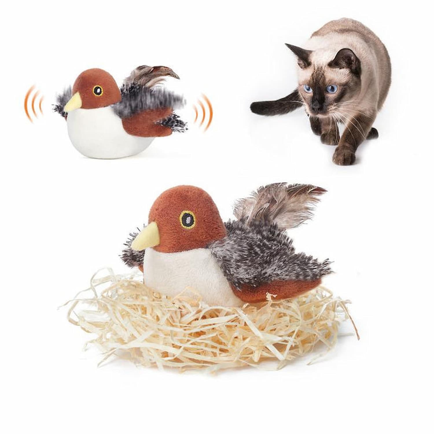 Interactive cat toy featuring lifelike bird sounds and movements, designed for indoor cats, with a rechargeable and durable build. 0