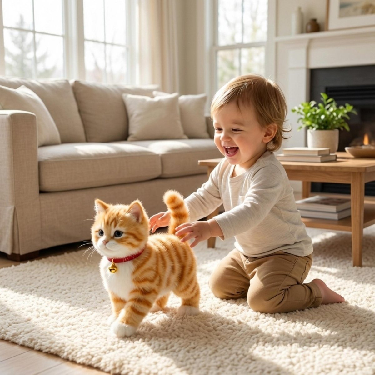 Interactive cat toy featuring realistic movements and sounds, designed as a plush cuddly companion for kids, promoting playful engagement and imaginative play. 1