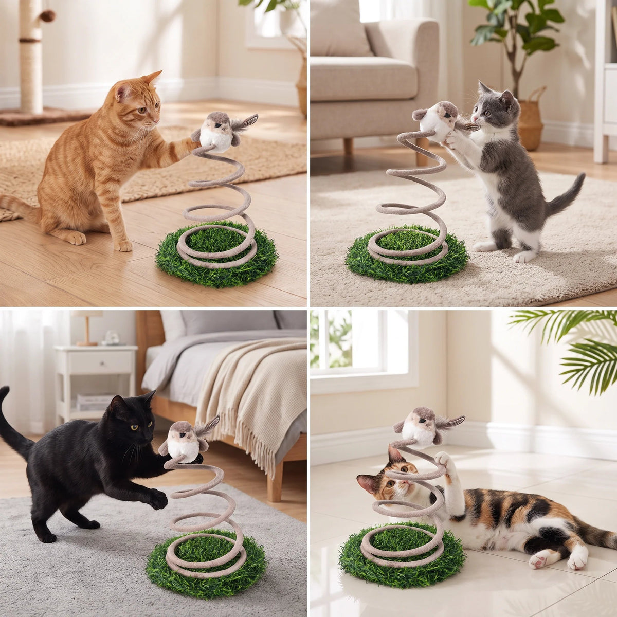 Interactive cat toy featuring a spring bird atop a grass base, designed to stimulate indoor cats' hunting instincts and provide engaging playtime. 2