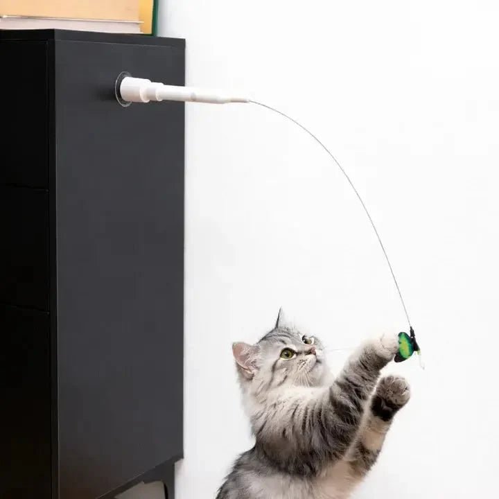Interactive cat toy featuring a USB rechargeable butterfly that moves to engage indoor cats, made from durable food-grade silicone for safe play. 2
