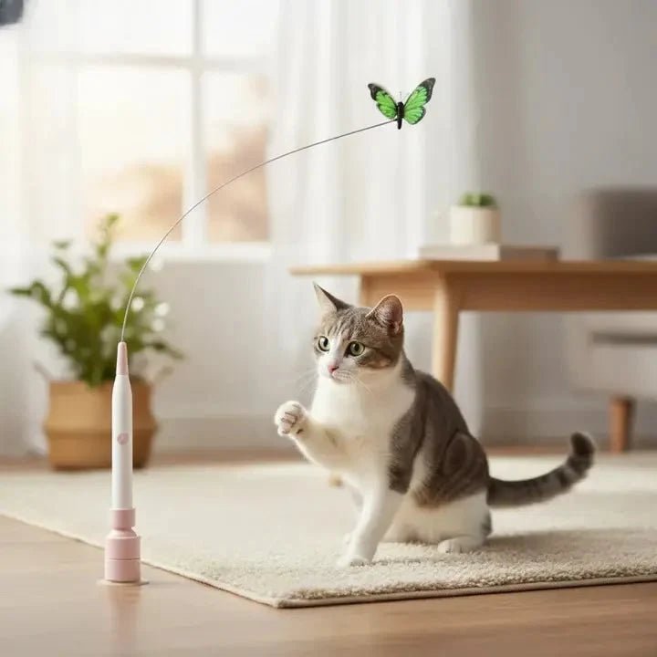 Interactive cat toy featuring a USB rechargeable butterfly that moves to engage indoor cats, made from durable food-grade silicone for safe play. 0