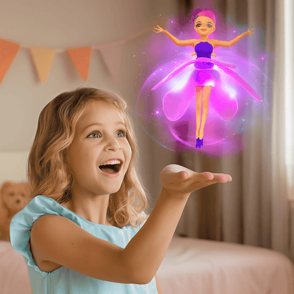 Interactive flying fairy toy featuring hand sensor control and colorful LED lights, perfect for children’s imaginative play and indoor fun. 0