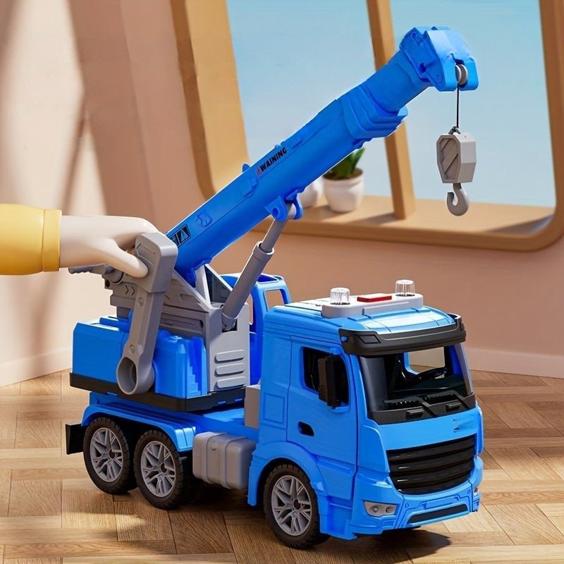 Interactive toy truck featuring vibrant lights and sounds, a movable crane arm, made from durable child-safe plastic, perfect for engaging playtime for kids. 1