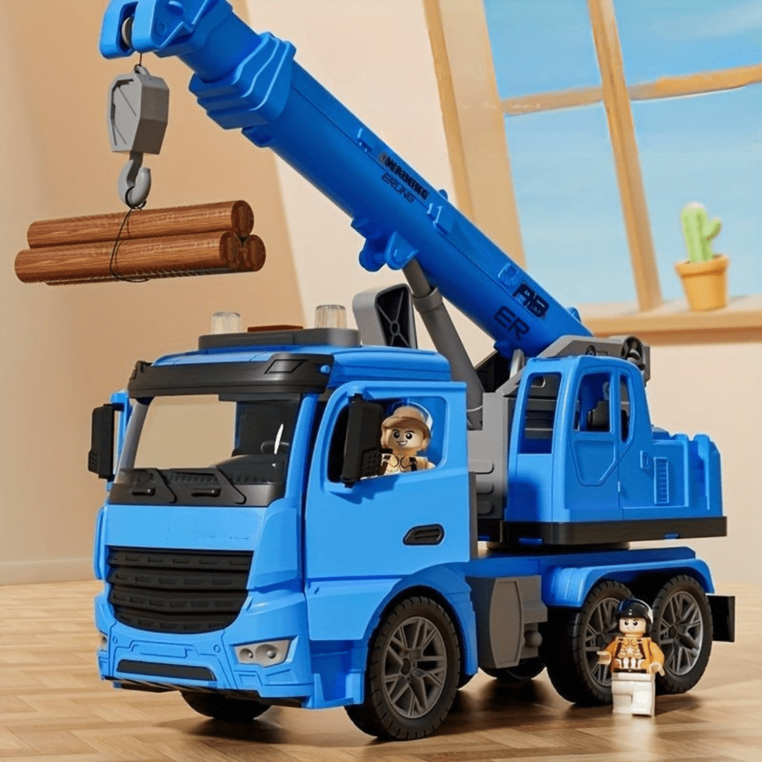 Interactive toy truck featuring vibrant lights and sounds, a movable crane arm, made from durable child-safe plastic, perfect for engaging playtime for kids. 3