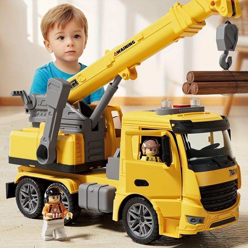 Interactive toy truck featuring vibrant lights and sounds, a movable crane arm, made from durable child-safe plastic, perfect for engaging playtime for kids. 0