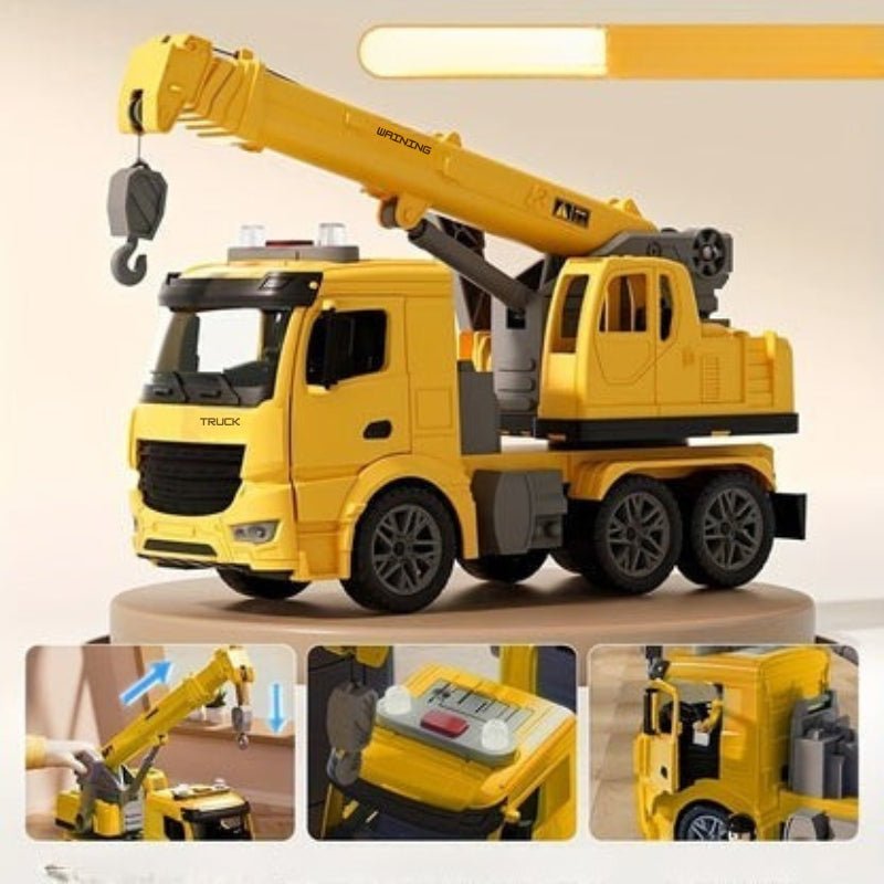 Interactive toy truck featuring vibrant lights and sounds, a movable crane arm, made from durable child-safe plastic, perfect for engaging playtime for kids. 2