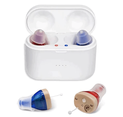 Invisible rechargeable hearing aids with volume control, designed as CIC mini hearing amplifiers for discreet and effective sound amplification. 0
