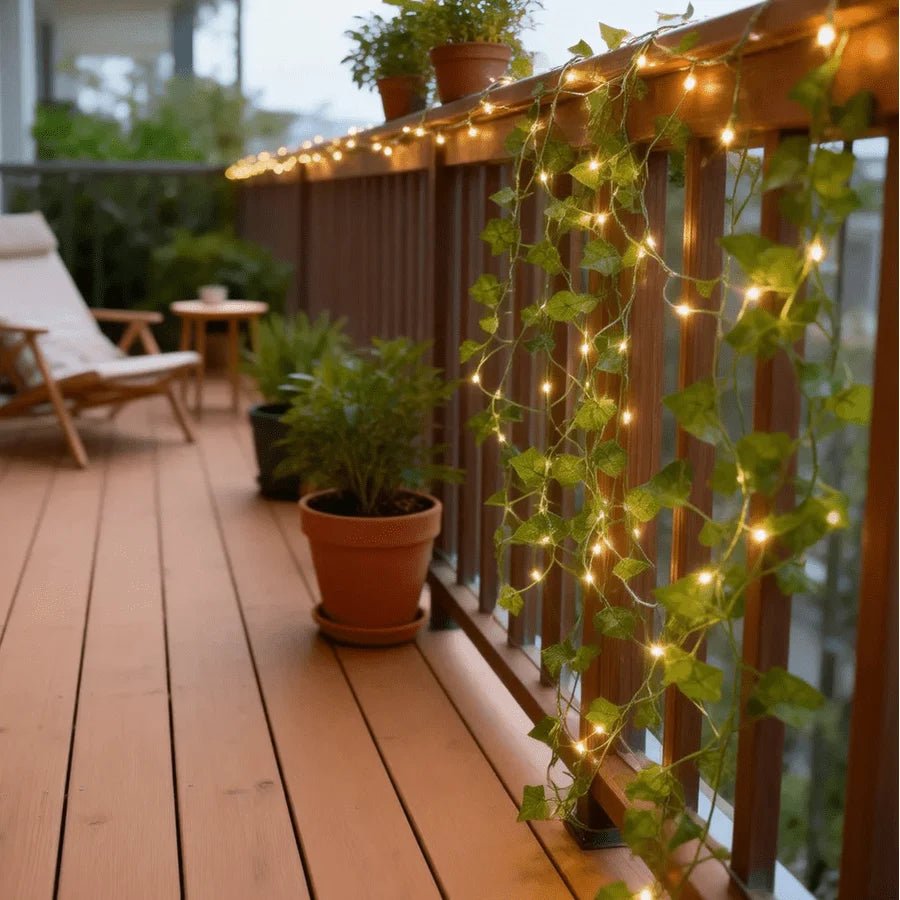 Ivy fairy lights featuring 30 LED bulbs on a decorative vine, designed for indoor use and battery powered, perfect for creating a warm ambiance in any 1
