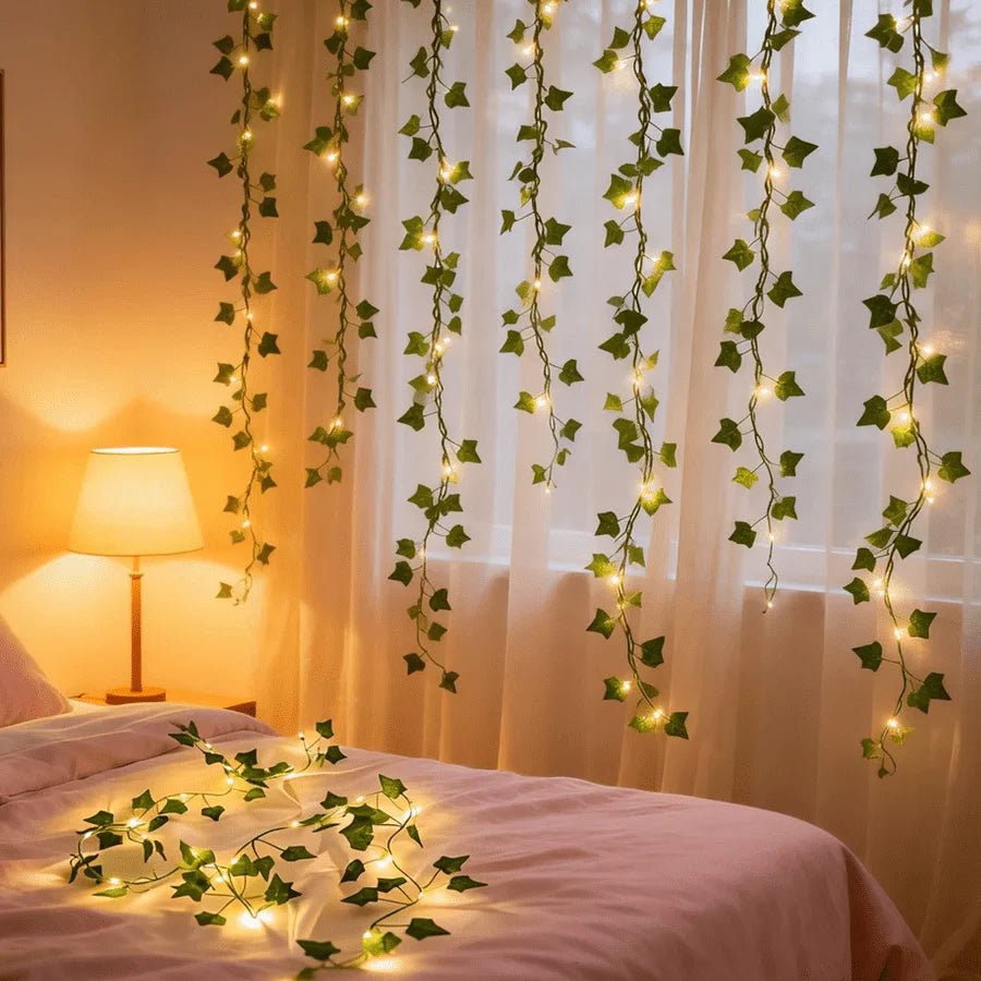 Ivy fairy lights featuring 30 LED bulbs on a decorative vine, designed for indoor use and battery powered, perfect for creating a warm ambiance in any 0