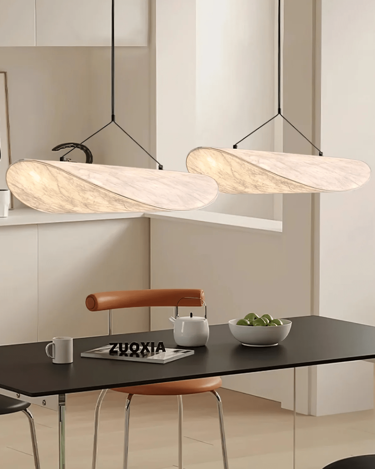 Japandi pendant lamp featuring an eclipse effect, designed with dimmable artificial silk, perfect for modern kitchen lighting. 2
