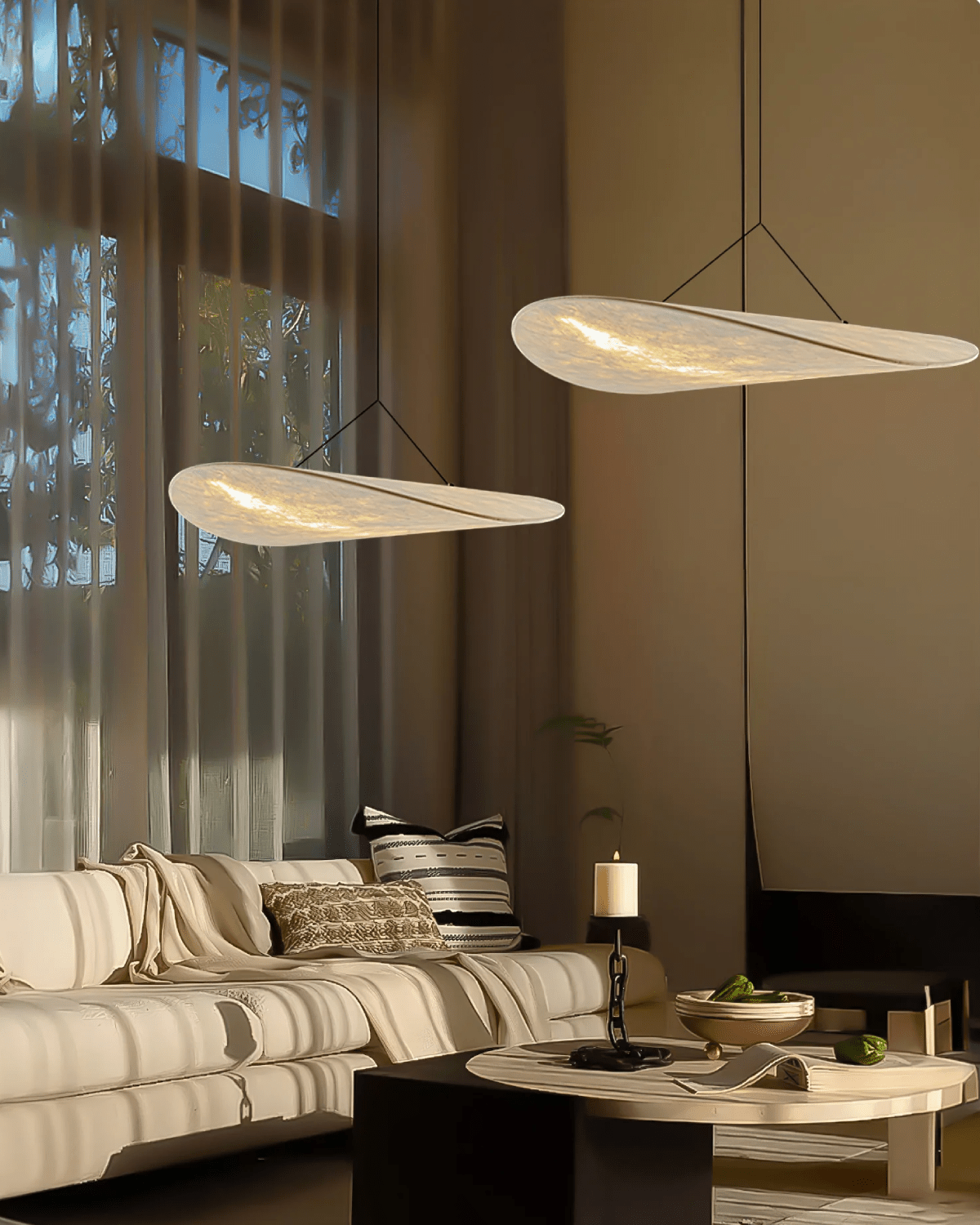 Japandi pendant lamp featuring an eclipse effect, designed with dimmable artificial silk, perfect for modern kitchen lighting. 1