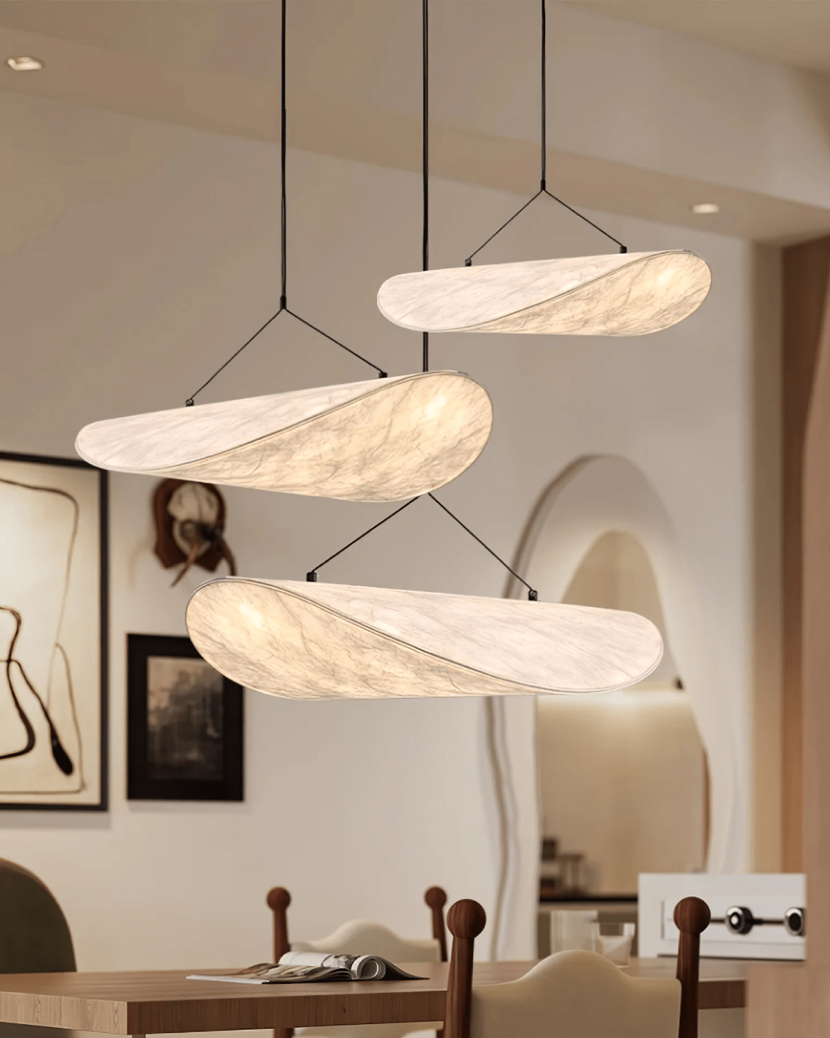 Japandi pendant lamp featuring an eclipse effect, designed with dimmable artificial silk, perfect for modern kitchen lighting. 5